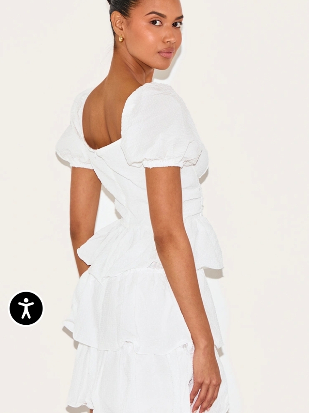 PrettyLittleThing White Tiered Puff-Sleeve Mini Dress - Picture 2 of 6
